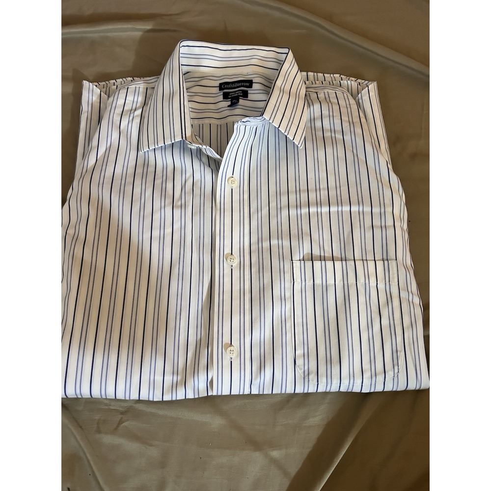 Croft & Barrow Men's Non Iron Dress Shirt 17.5 32/33 Blue White Stripe Classic